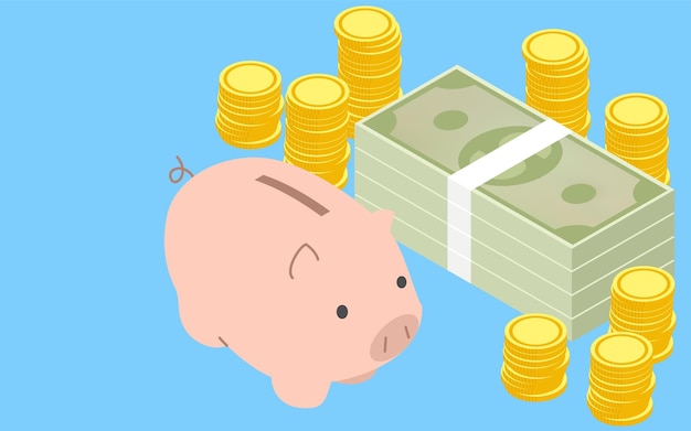 Imagen de hucha de ahorros y monedas apiladas y billetes de dólar isométricos