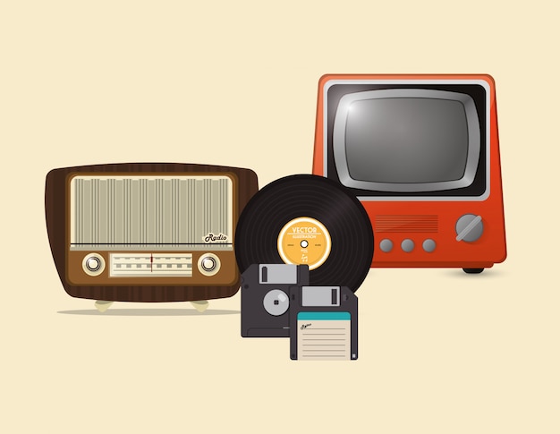 Imagen de los iconos de tv y disco de vinilo de radio de hipster retro hipster