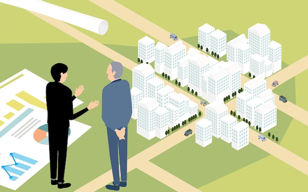 Imagen de la ilustración isométrica del desarrollo urbano de la construcción de la ciudad desde una vista de pájaro con hombres de negocios discutiendo