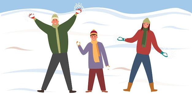 Imagen de invierno de una familia jugando con nieve Vector de dibujos animados en estilo plano Día Mundial de la Nieve Papá, mamá e hijo caminan y se divierten el fin de semana en el parque en invierno Ocio familiar