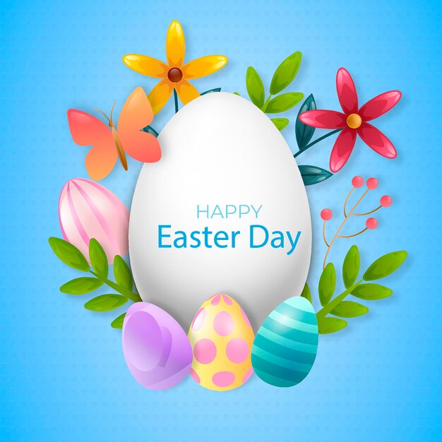 Imagen de invitación para el día de Pascua con huevos e ilustración de flores