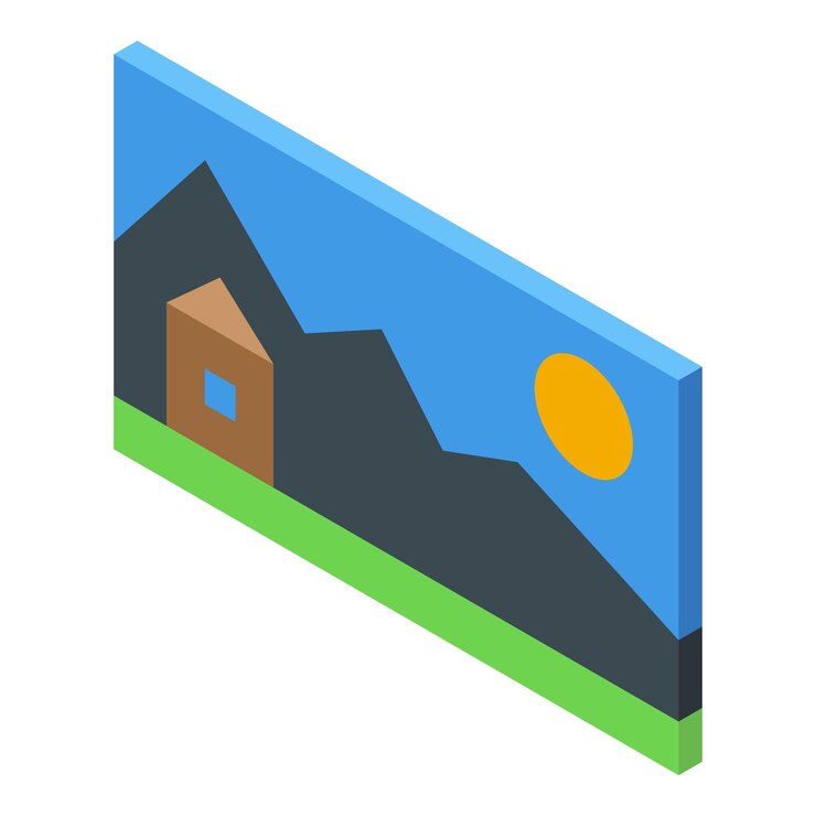 Vector imagen isométrica que representa un paisaje verde con montañas y una casa