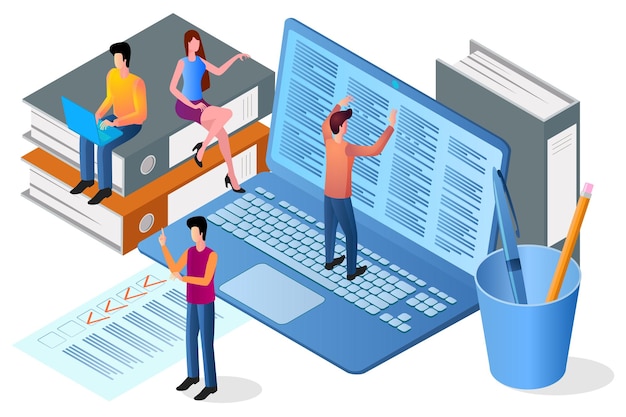 Imagen isométrica del trabajo de oficina Una metáfora del trabajo en equipo La gente hace papeleo
