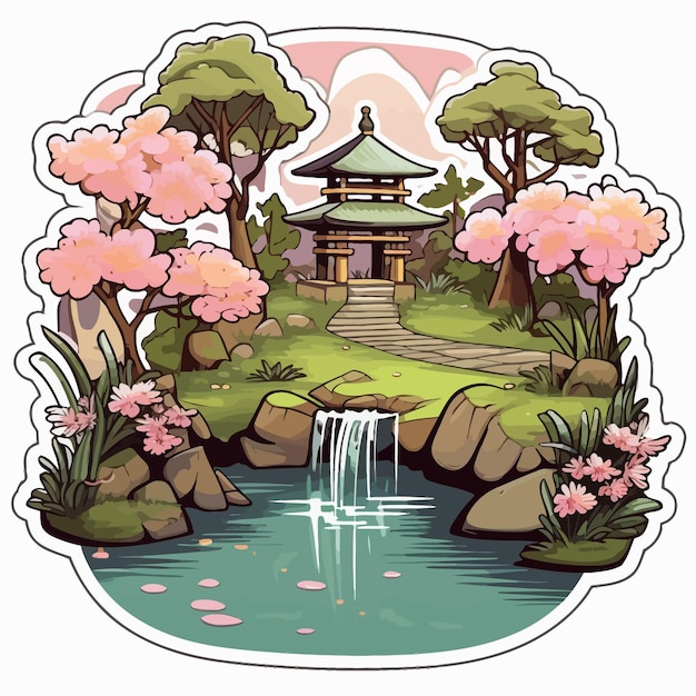 Vector una imagen de un jardín con un estanque y una pagoda.