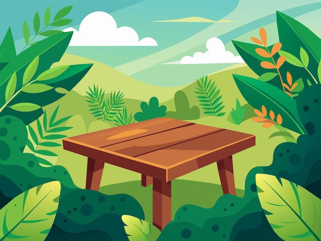 Vector una imagen de un jardín con una mesa de madera y plantas