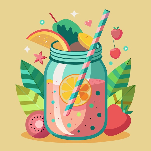 Vector una imagen de una jarra de vidrio con frutas y una paja