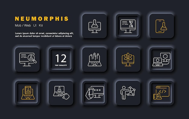 Imagen de línea de conjunto de pruebas Monitor de frasco de ADN Informe de experimento de investigación atómica de teléfono inteligente Estilo de neomorfismo Icon de línea vectorial para negocios y publicidad