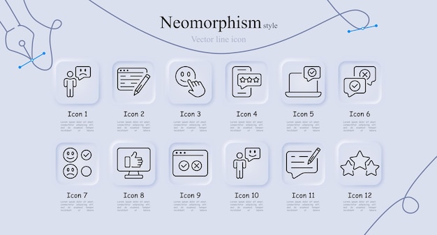 Imagen de línea de retroalimentación configurada Mala revisión monitor estrellas calificación aplicación comentario emoji sitio web teléfono Estilo de neomorfismo Icon de línea vectorial para negocios