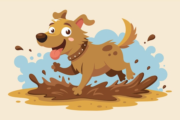 Vector imagen lúdica de un perro salpicando en un charco de barro con barro volando y una sonrisa extendida por su cara