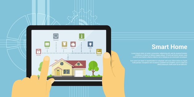 Imagen de la mano humana sosteniendo una tableta con iconos de monitoreo de la casa, concepto de estilo de una casa inteligente