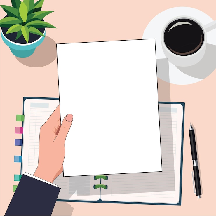 Vector imagen de una mano sosteniendo un documento con espacio para su texto en la parte superior de una mesa de oficina con un planificador
