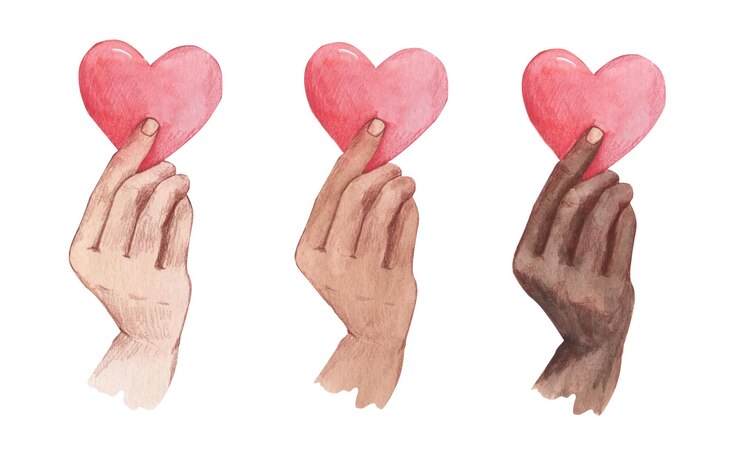 Vector una imagen de una mano de un tono de piel diferente con un corazón de papel.