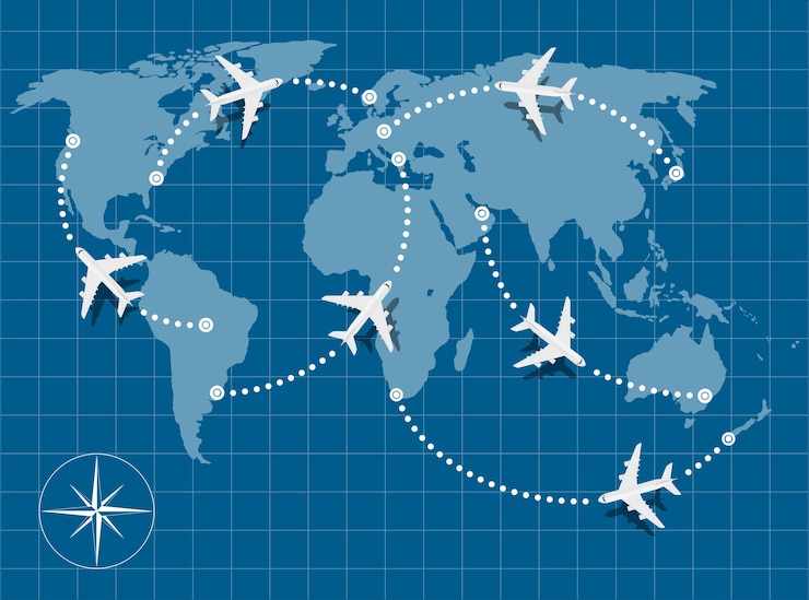 Vector imagen del mapa del mundo con aviones voladores