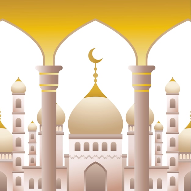 una imagen de una mezquita con un fondo amarillo con una luna creciente en la parte superior