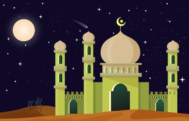una imagen de una mezquita con la luna en el fondo