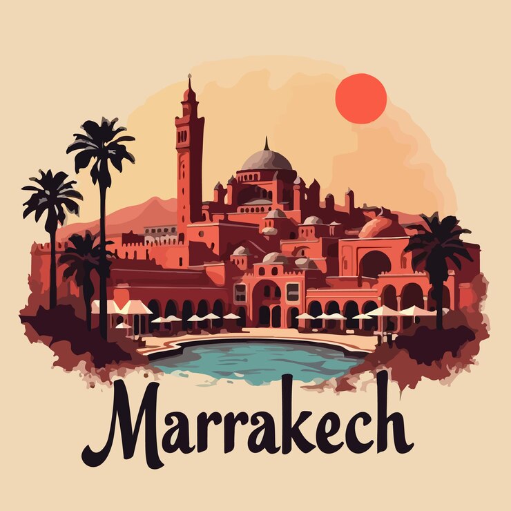 una imagen de una mezquita de Marrakech con palmeras y una mezquita en el fondo