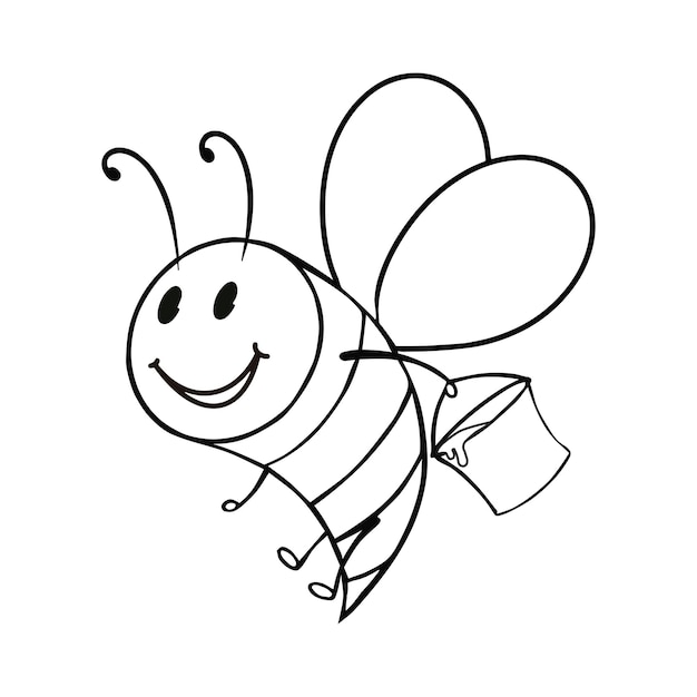 Imagen monocromática una abeja que lleva un balde de ilustración de vector de miel en estilo de dibujos animados