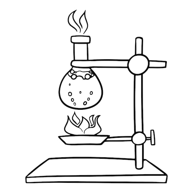 Imagen monocromática experimento químico con solución de calentamiento matraz de vidrio con vector líquido hirviendo