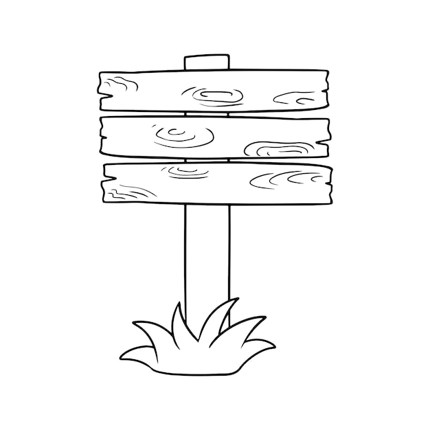 Imagen monocromática Soporte de madera en un soporte de poste con ilustración de vector de hierba en estilo de dibujos animados