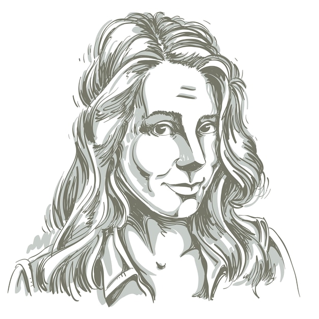 Imagen monocromática vectorial dibujada a mano, joven ingenua haciendo cara inocente. Ilustración en blanco y negro de una chica culpable, lo siento.