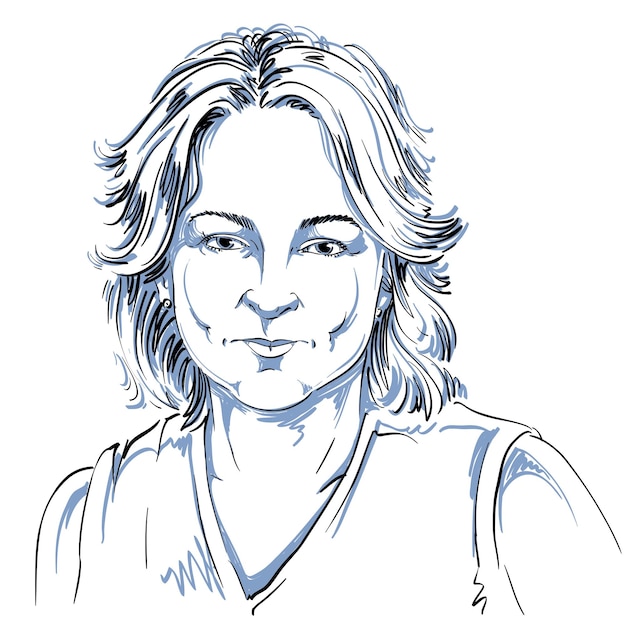 Imagen monocromática vectorial dibujada a mano, todavía joven con el pelo corto. Ilustración en blanco y negro de una chica pensativa.