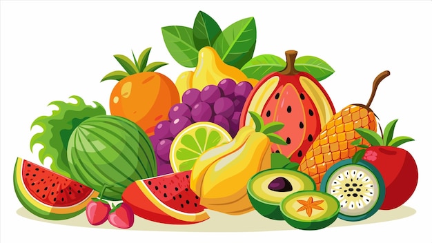 una imagen de un montón de frutas, incluidos plátanos, kiwi y otras frutas