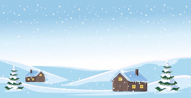 La imagen muestra una acogedora escena de invierno con casas cubiertas de nieve, pinos y nieve que cae suavemente.