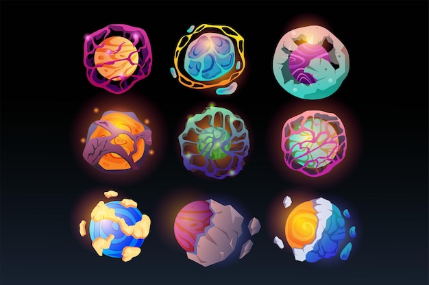 Esta imagen muestra una colección de nueve ilustraciones de planetas coloridos únicos ilustración vectorial