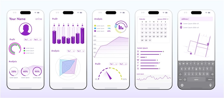 Vector esta imagen muestra el concepto de una aplicación móvil para servicios en línea como banca y compras diseño moderno de teléfono inteligente fácil de interactuar con varias funciones