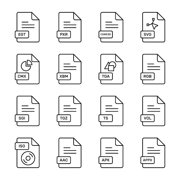 Esta imagen muestra un conjunto de iconos de archivo que representan varios formatos de archivo digital