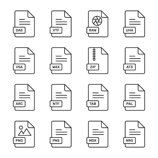 Esta imagen muestra un conjunto de iconos de formato de archivo coloridos cada uno representando un tipo de archivo diferente
