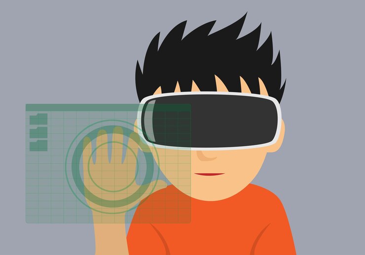 Vector la imagen muestra una ilustración de un usuario de realidad virtual inmerso en su experiencia