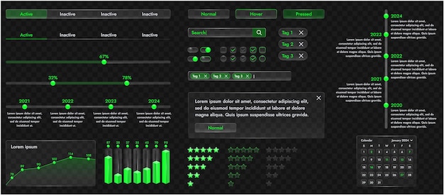 La imagen muestra una interfaz moderna para un sitio web o aplicación móvil Los elementos de diseño incluyen botones, iconos y componentes