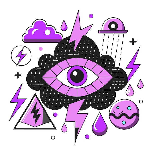 una imagen negra y púrpura de un ojo con una nube y una cara con una cara en ella