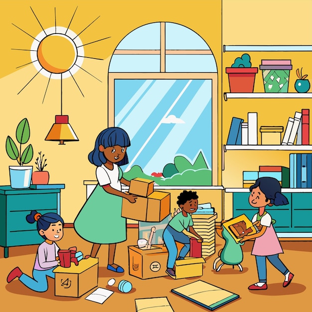 Vector una imagen de niños jugando con cajas y un sol en el fondo