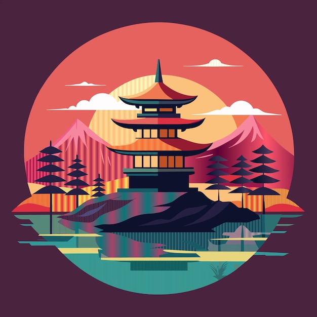una imagen de una pagoda con árboles y montañas en el fondo
