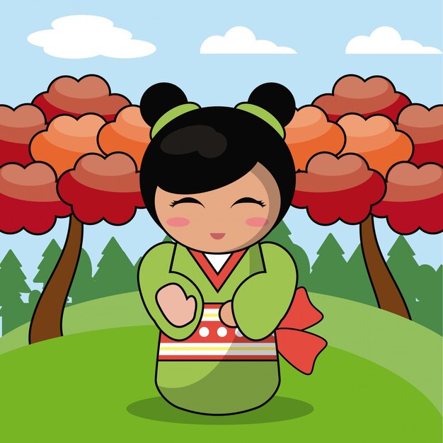 Vector imagen de paisaje japonés muñeca kokeshi