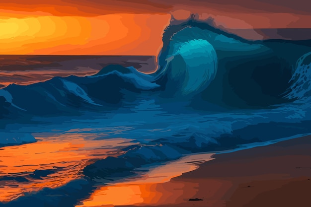 Vector una imagen de un paisaje marino sereno con olas rompiendo pintadas con una vibrante paleta de atardecer