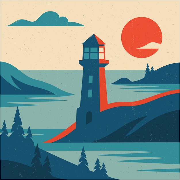 Imagen de paisaje plano con montañas del faro y mar ilustración vectorial