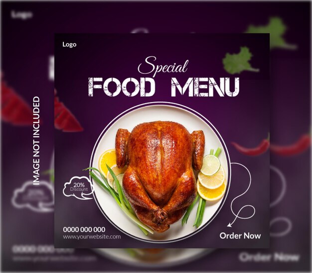 Una imagen de un pavo y un plato de comida sobre un fondo morado.