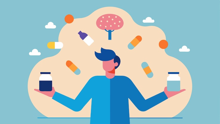 Vector una imagen de una persona haciendo malabarismos con varias tareas con una pequeña botella de suplementos para la salud del cerebro en el