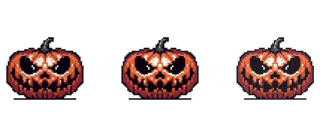Una imagen de pixel art de una calabaza de Halloween con una cara siniestra y ojos y boca oscuros sobre un fondo blanco