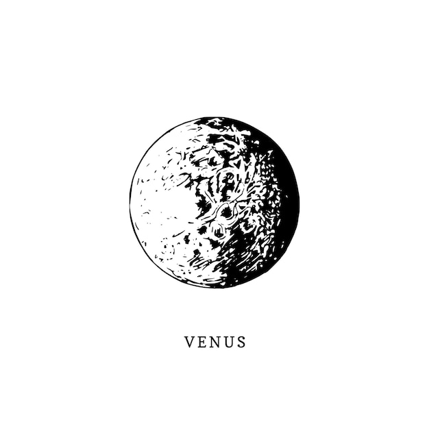 Imagen del planeta Venus sobre fondo blanco. Ilustración de vector dibujado a mano.