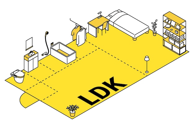 Vector imagen de planta móvil 1ldk ilustración isométrica con dibujos de líneas simples