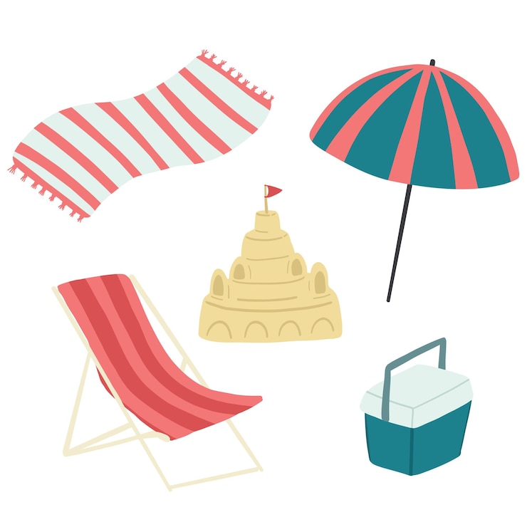 Vector imagen de playa de verano dibujada a mano con paraguas