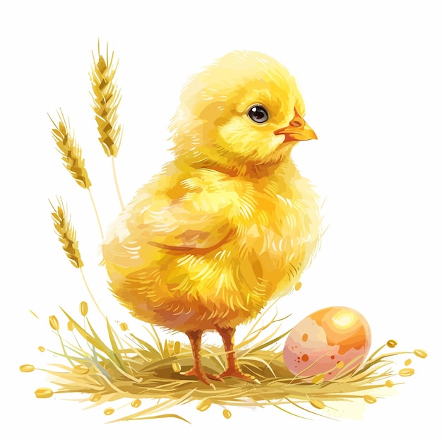 Vector una imagen de un pollo bebé amarillo en un nido con heno y un huevo en él