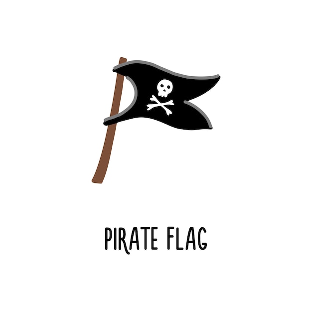 Una imagen prediseñada de la bandera pirata del mar con una calavera y huesos en un estilo plano simple sobre un fondo blanco