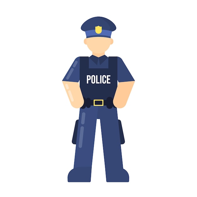 La imagen presenta una ilustración de estilo plano de un oficial de policía en un uniforme azul oscuro con una gorra con una insignia