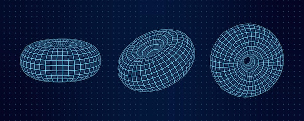 Esta imagen presenta tres torus de malla de marco de alambre 3D posicionados contra un fondo de cuadrícula punteada el
