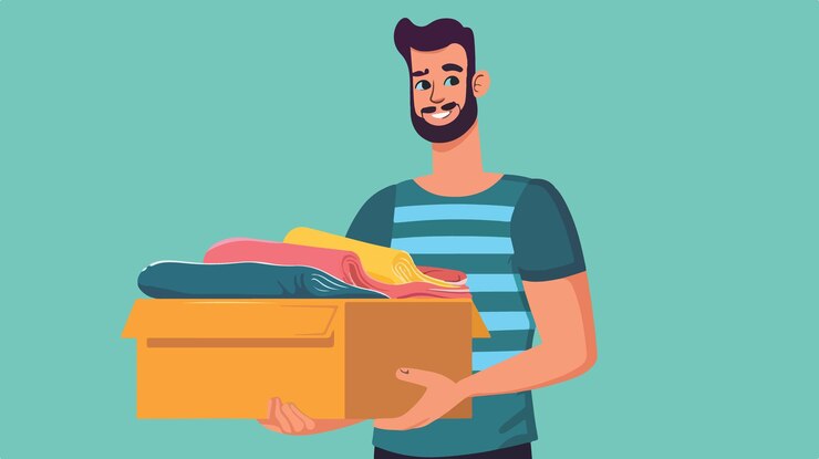 Vector imagen profesional de un hombre sosteniendo una caja de ropa para mover un carrito con cosas de embalaje
